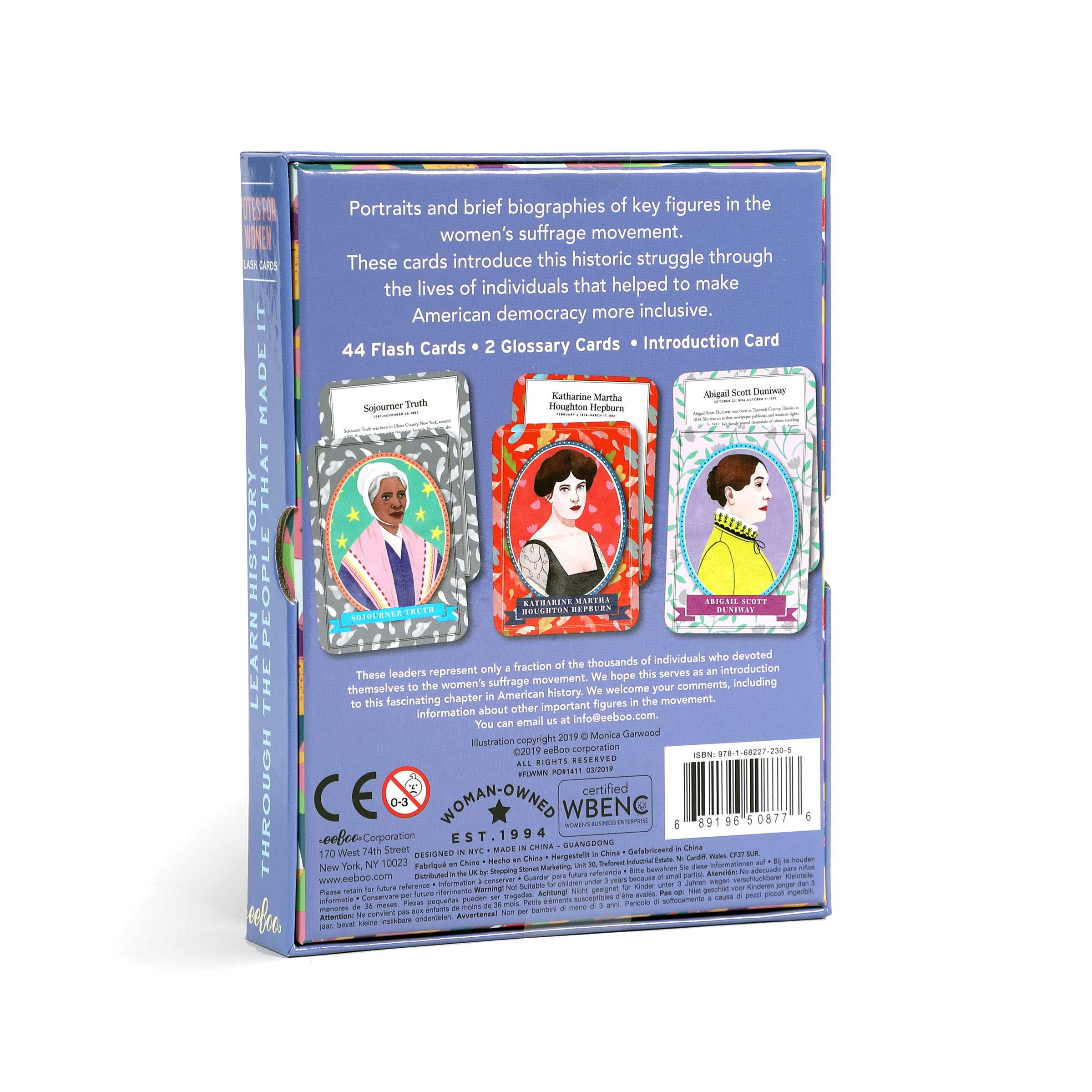 eeBoo Votes for Women flashcards reveal concise bios on the reverse for discussion prompts