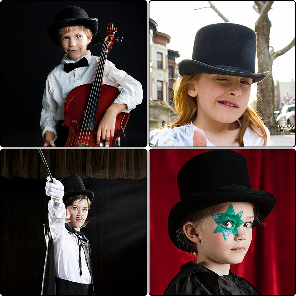 Eerrhhaq black top hat kids, in-use shot, elevates party costumes with vintage charm.