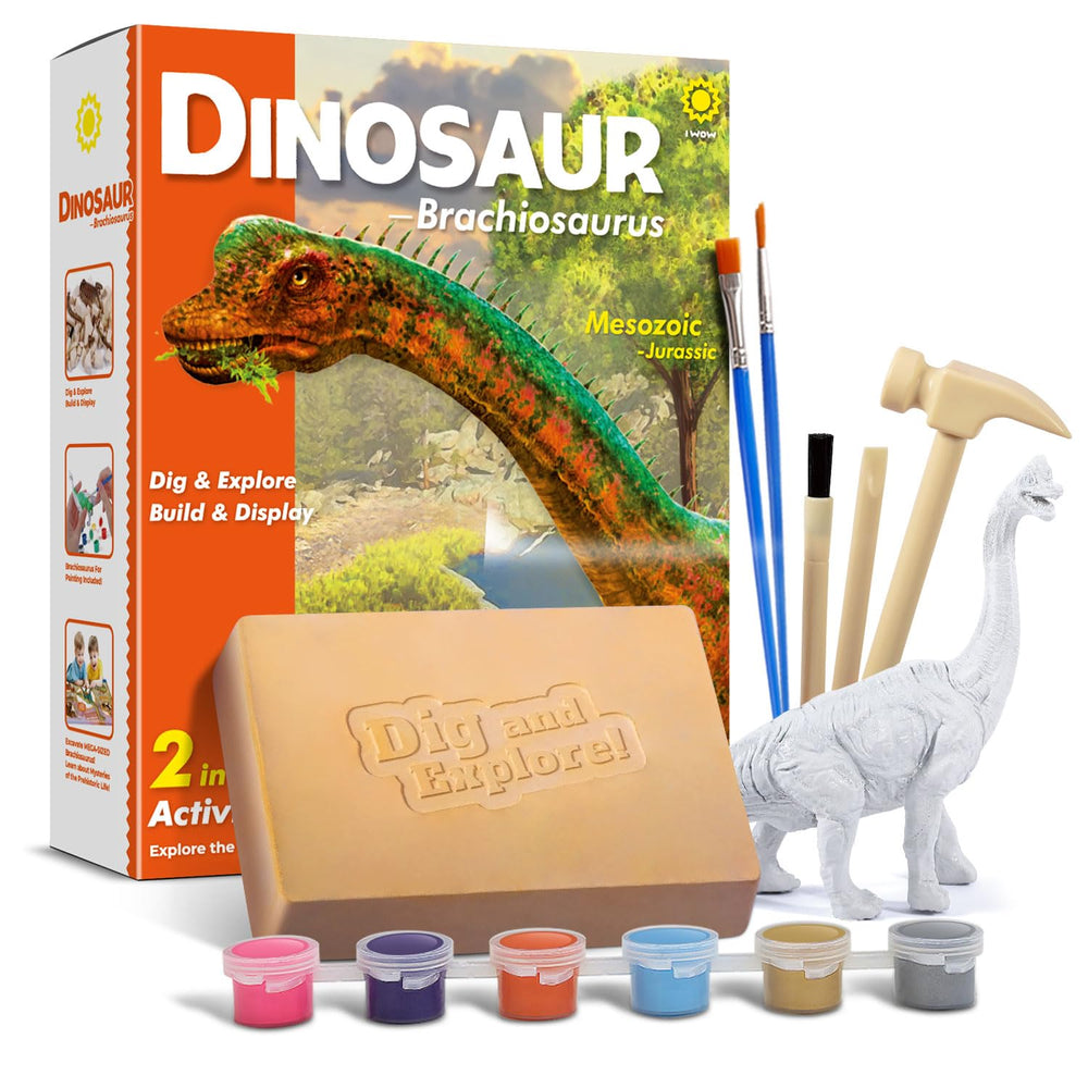 Eggbox Brachiosaurus dig block kit lets kids uncover a fossil with a hands-on excavation.