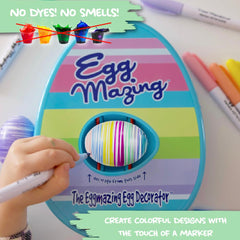 Close-up of Eggmazing design with spinning wheel decorating an egg