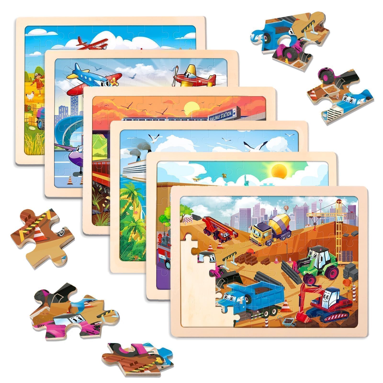 EggSun wooden construction truck puzzle enhances fine motor skills during play.
