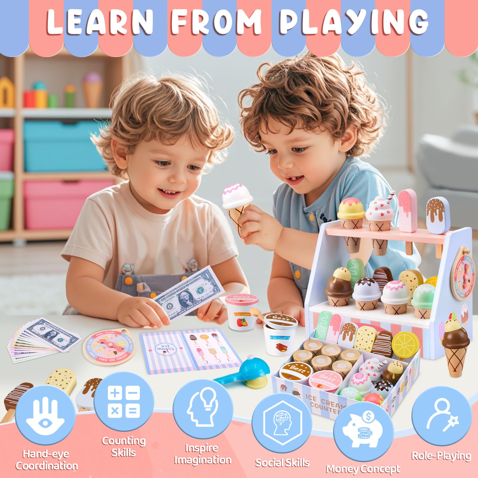 Ehome eight-piece ice cream scoops set for realistic serving play.