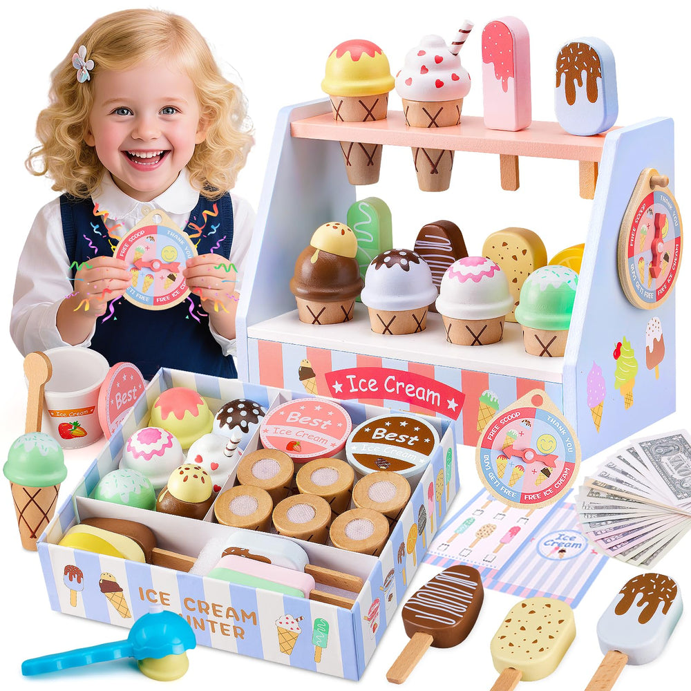 Ehome wooden ice-cream counter with colorful scoops for imaginative pretend play.