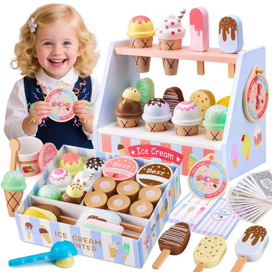 Ehome wooden ice-cream counter with colorful scoops for imaginative pretend play.