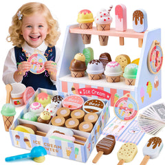 Ehome wooden ice-cream counter with colorful scoops for imaginative pretend play.