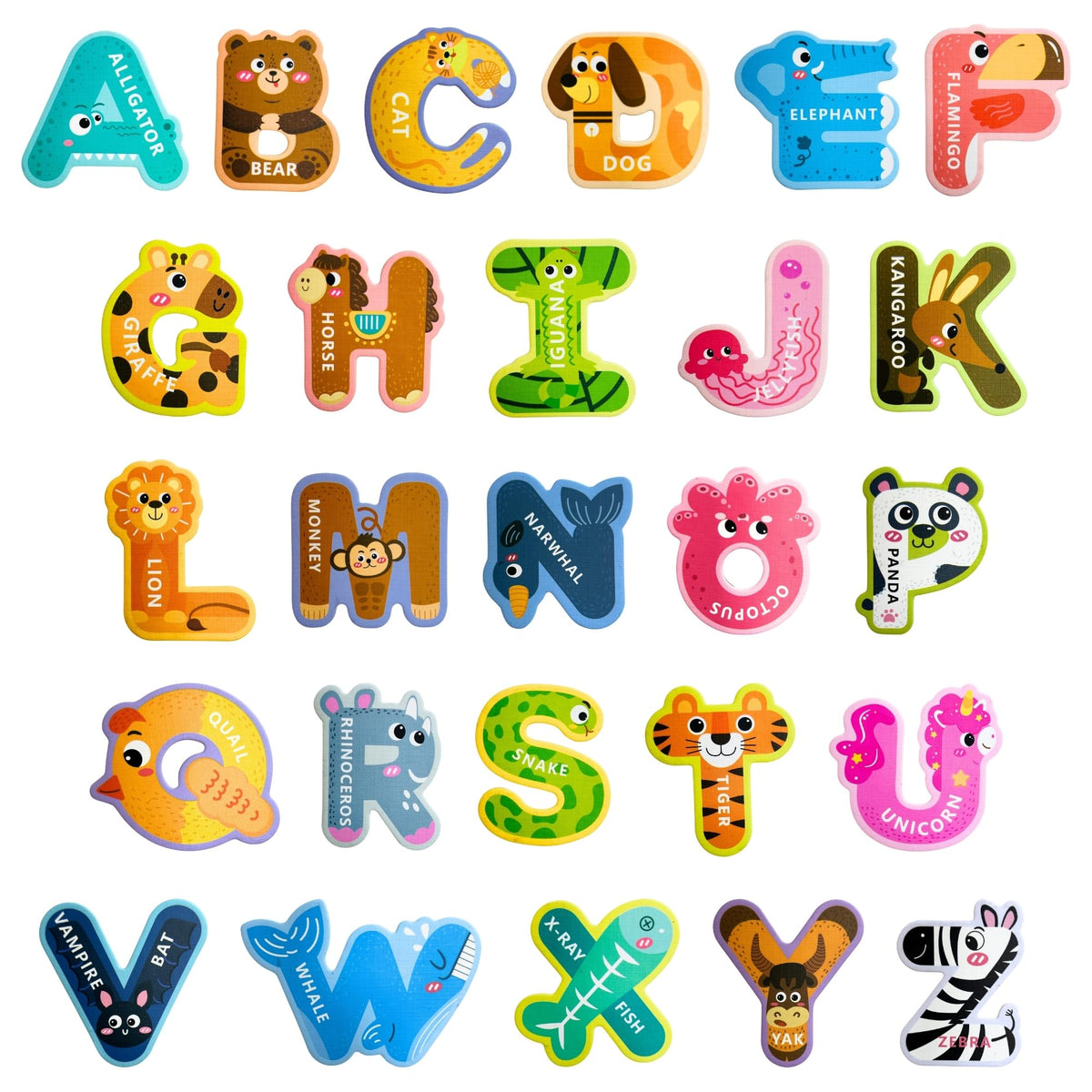 EHR magnetic letters with zebra design promote early literacy on the fridge.