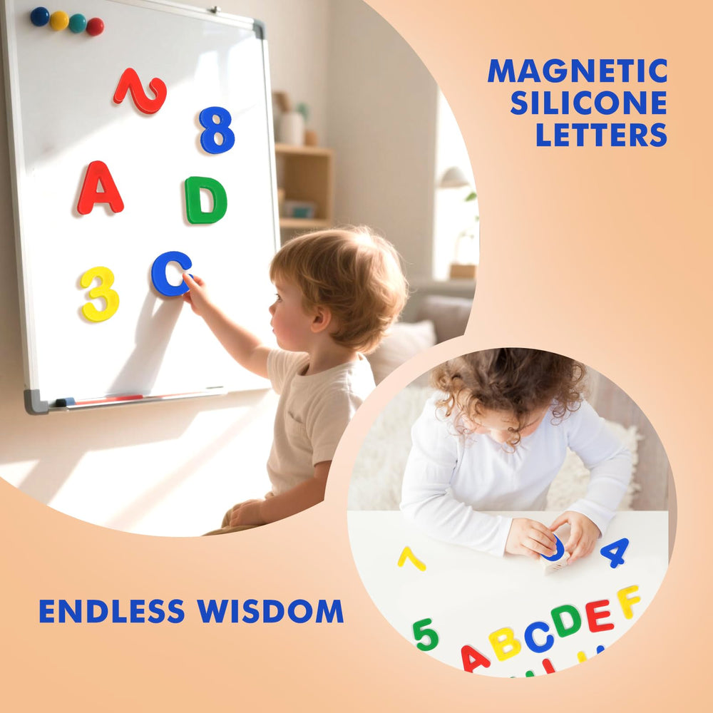 EHR silicone magnets for letters and numbers aiding educational play and practice.