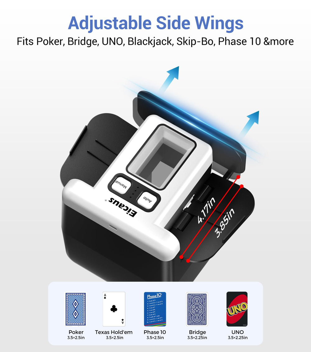 Eicaus shuffler compatible with UNO, Poker, Skip-Bo for versatile play
