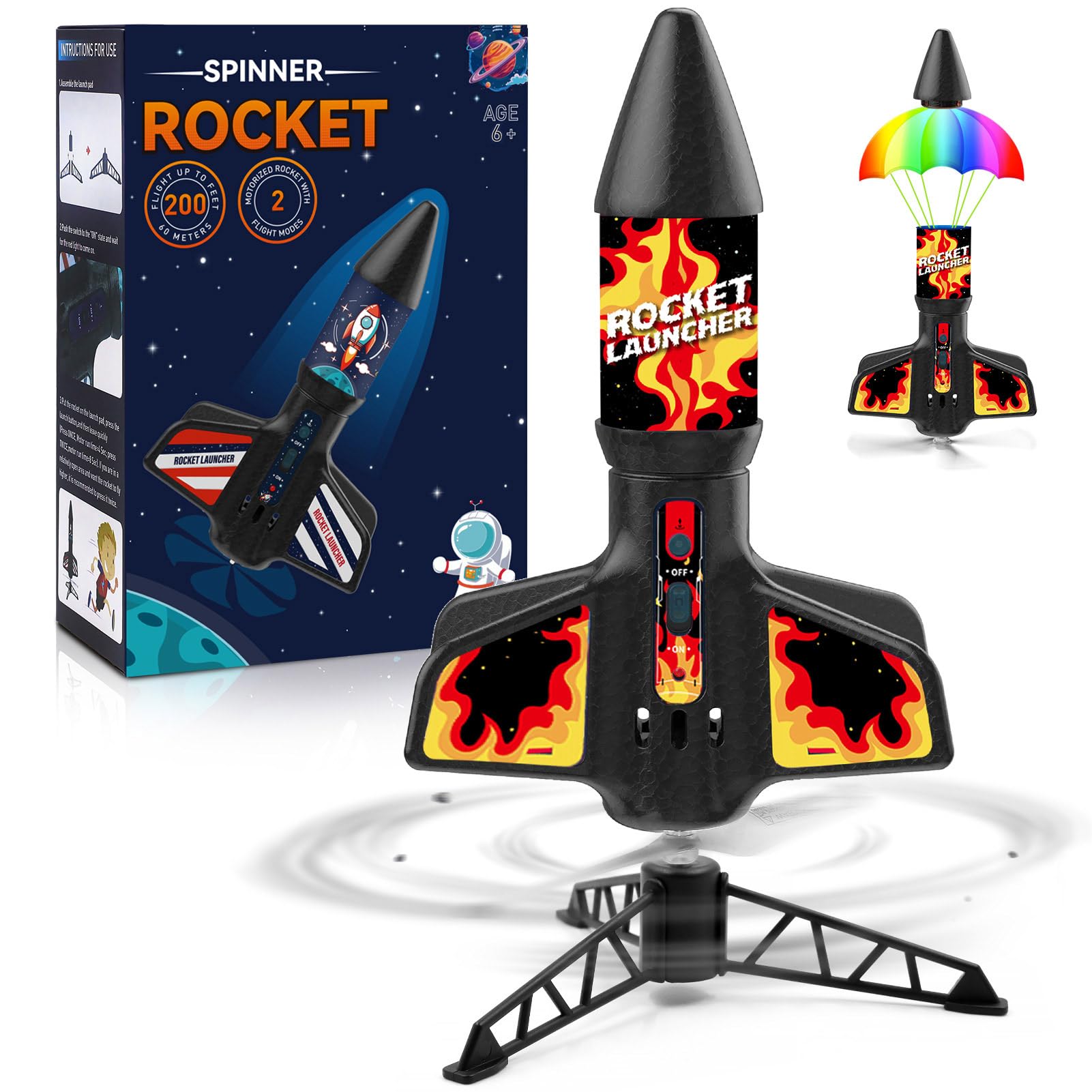 Eieymct rocket launcher on its base stand enables safe outdoor play.