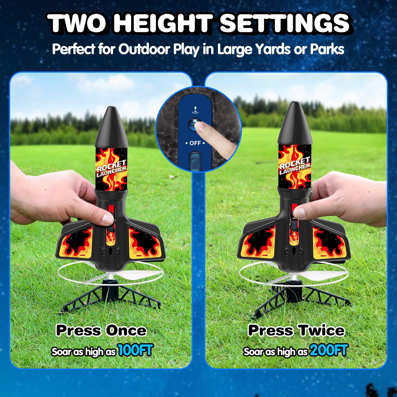 Eieymct rocket launcher rechargeable battery powers hours of play.