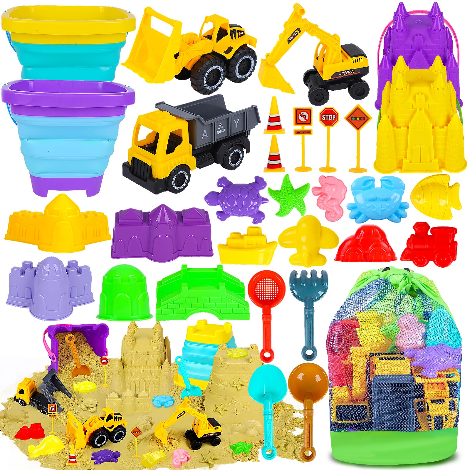 Eiranss beach sand toys set shown in a mesh bag for easy travel