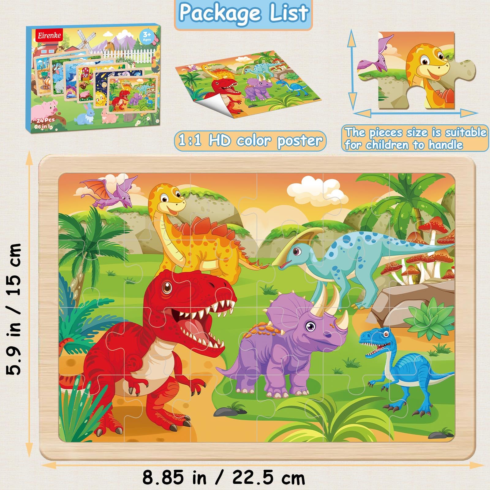 Removable paper illustrations under Eirenke puzzles provide colorful, reference visuals