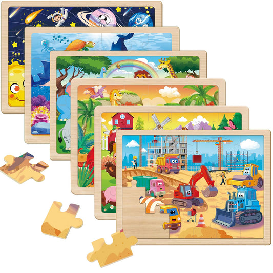 Eirenke wooden puzzles 6-pack 24-piece set for kids encourages screen-free play