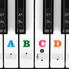 Eison colorful piano stickers displayed on an 88-key keyboard for clear note identification.