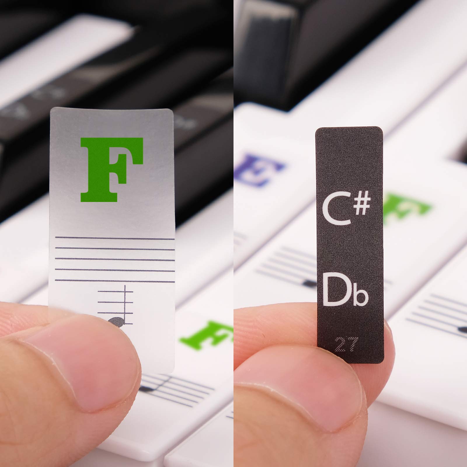 White-key stickers on transparent vinyl enhance readability without clutter.