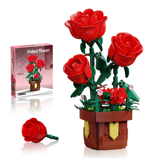 EITOLNR rose bonsai building set in pot with three blooms for desk decor.