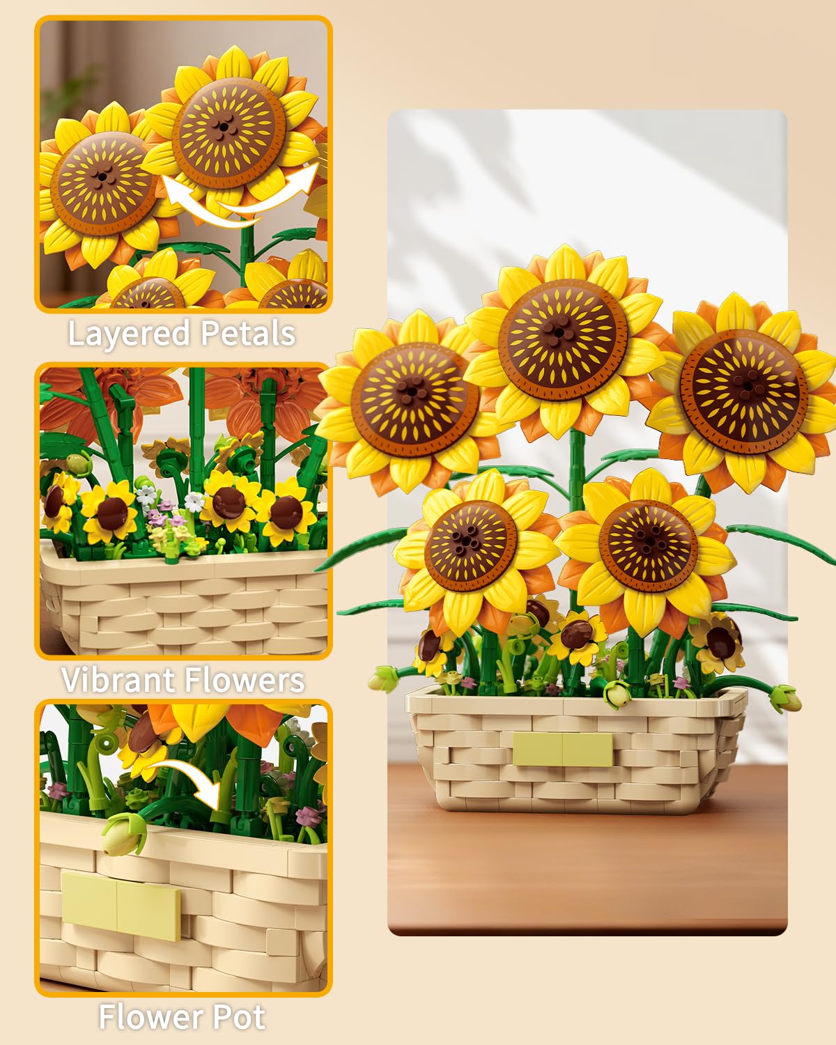 EITOLNR sunflower pots and leaves present a vivid bouquet ready to admire.