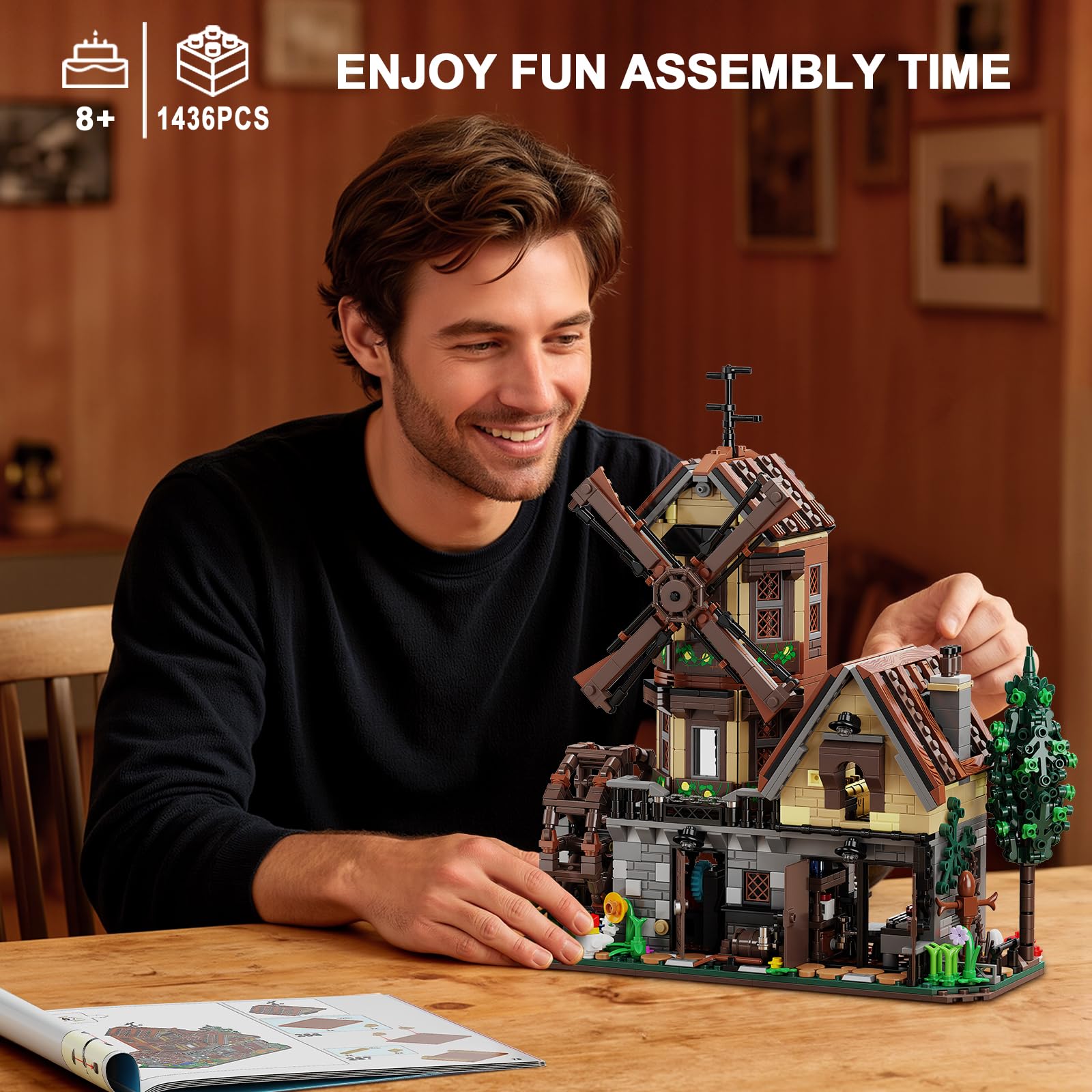 EITOLNR wood cabin building set detailed exterior with plants for realism.