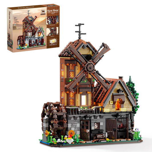 EITOLNR wood cabin building set windmill on roof highlights rotating mechanism for display.