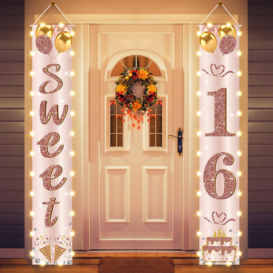 Eiurteao Sweet 16 door banner with LED lights for entryway decoration.