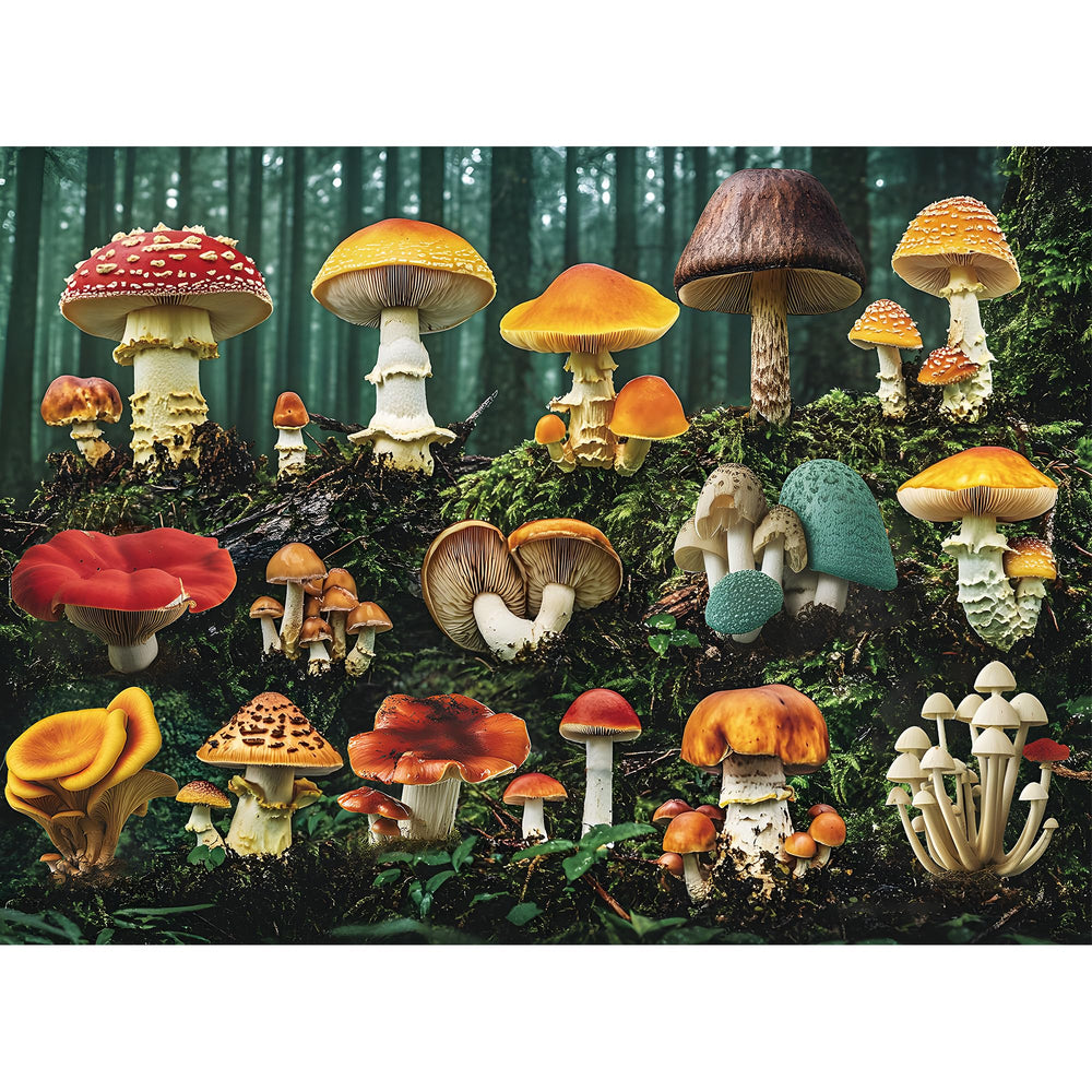 EIYRURU mushroom forest puzzle front view highlights vivid colors for a calming family puzzle.