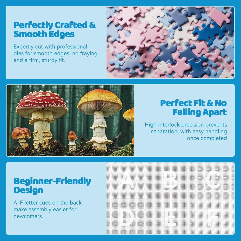 EIYRURU mushroom forest puzzle thick cardboard suggests durability for multi-session solving.