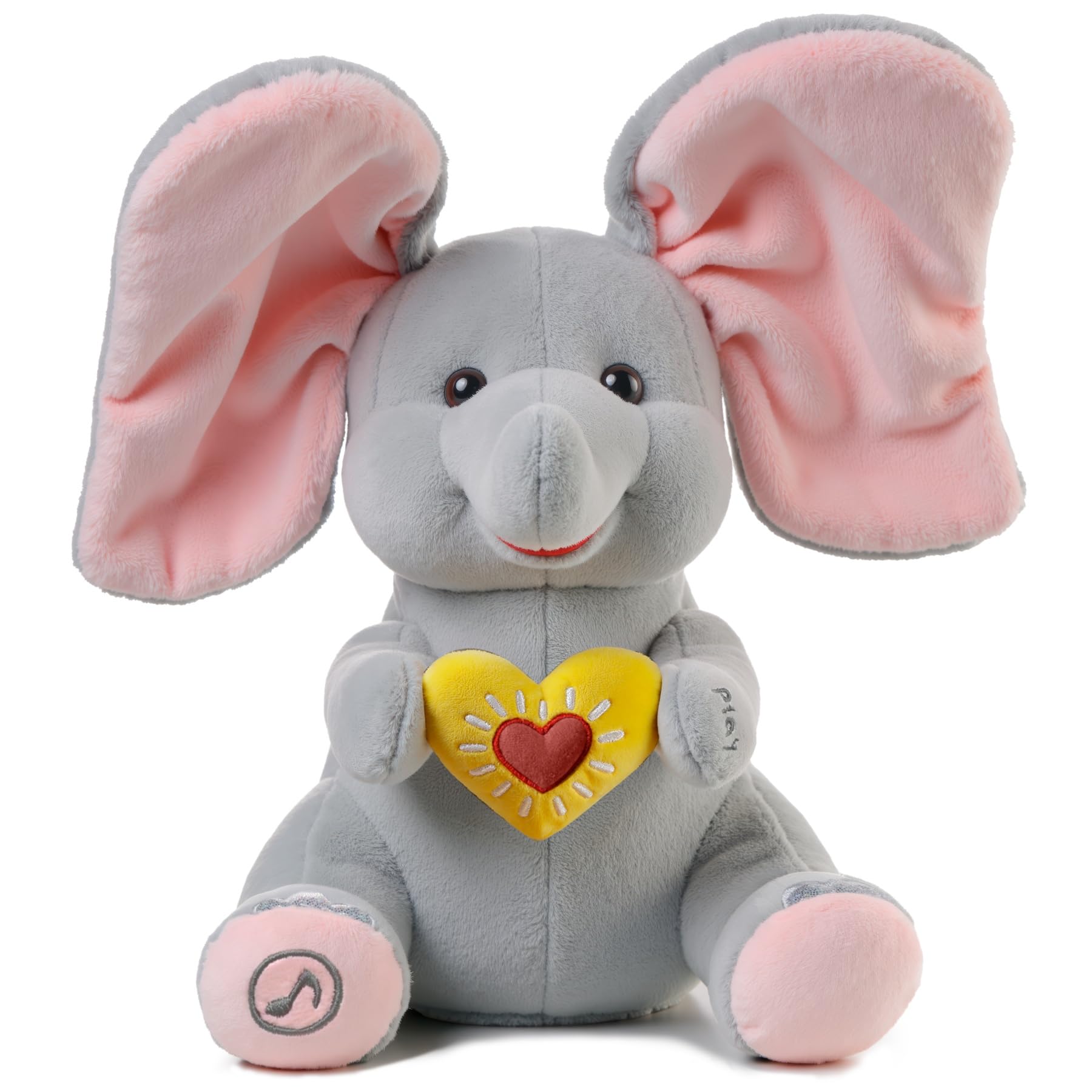 eJog Pup Peek-a-Boo Elephant toy face showing a playful peek-a-boo moment for babies