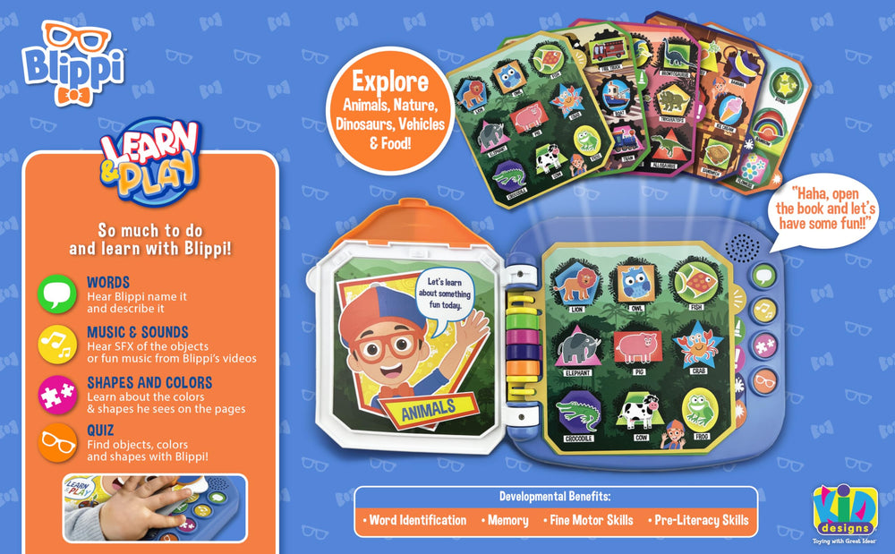ekids Blippi book learning games screen showing early literacy play