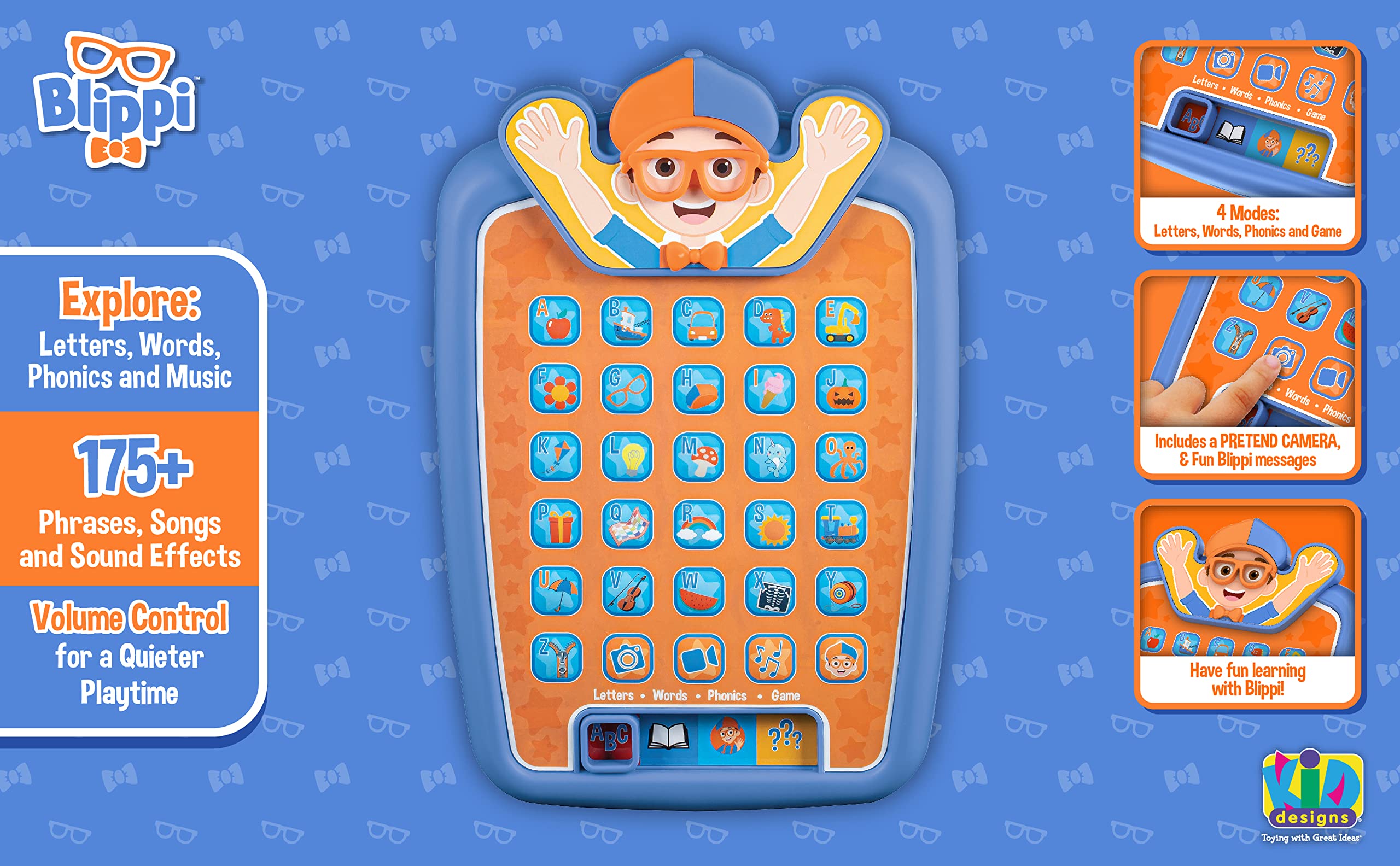 ekids Blippi tablet letters, words, and phonics mode highlighting early literacy.