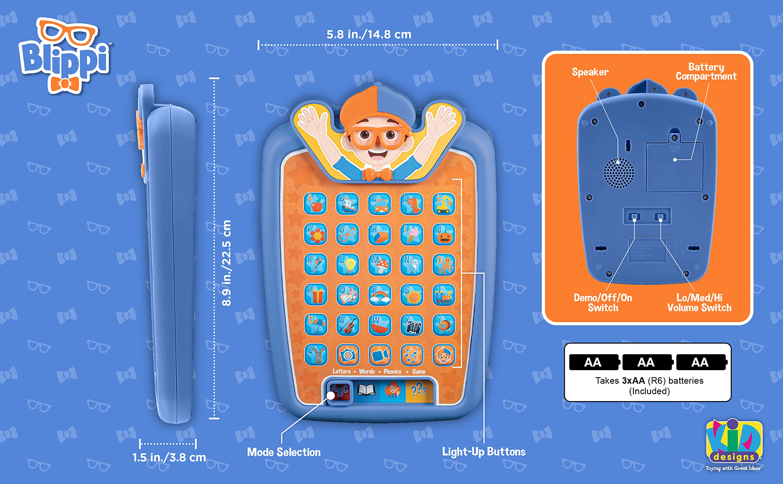 ekids Blippi tablet built-in speech and sound effects enhance storytelling.