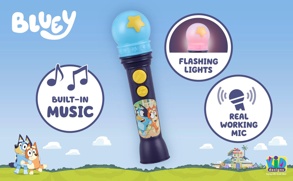 eKids Bluey Microphone Toy features Bluey design for cheerful, durable play sessions.