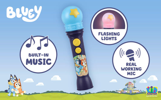 eKids Bluey Microphone Toy features Bluey design for cheerful, durable play sessions.