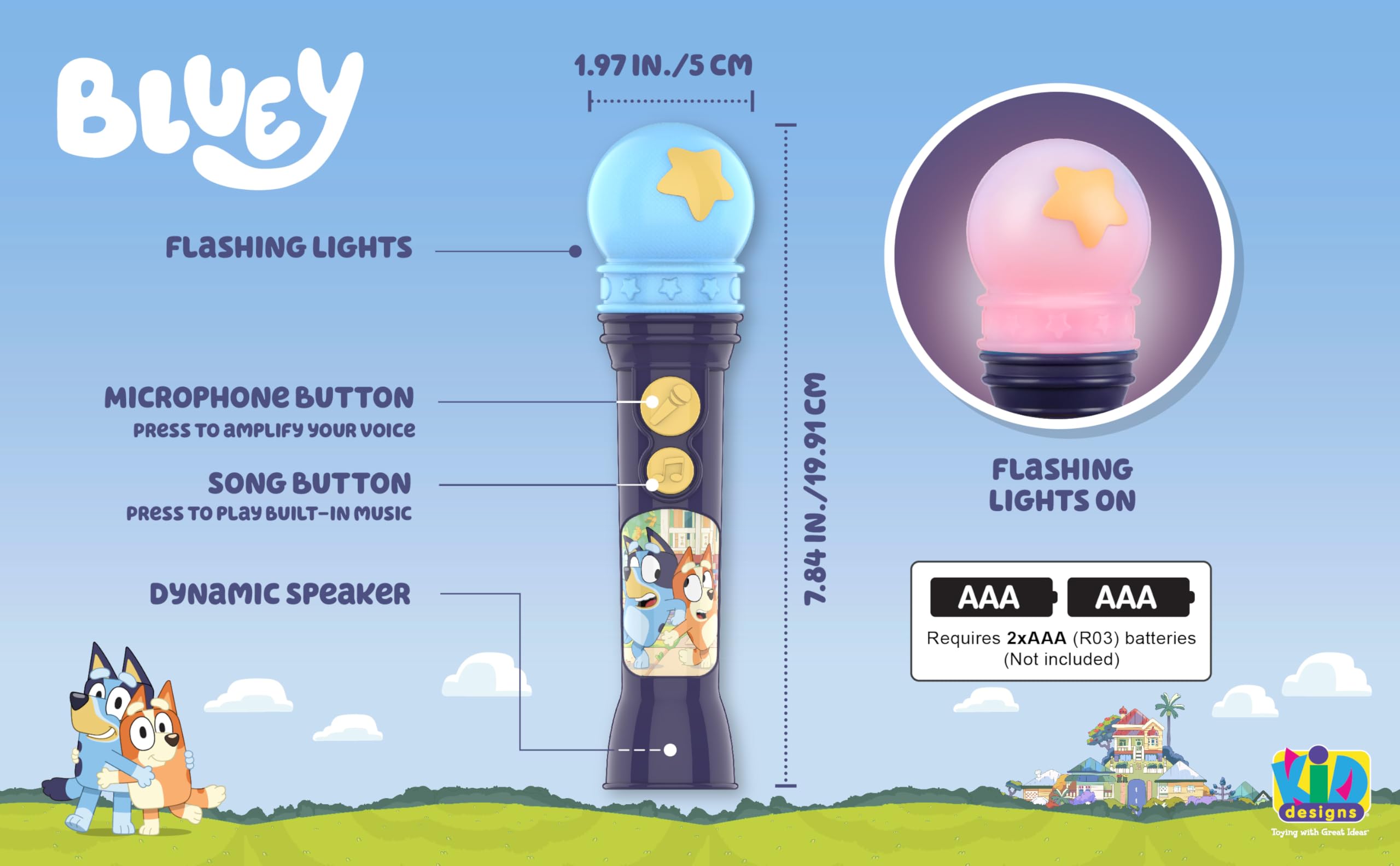 eKids Bluey Microphone Toy includes flashing lights to heighten excitement.