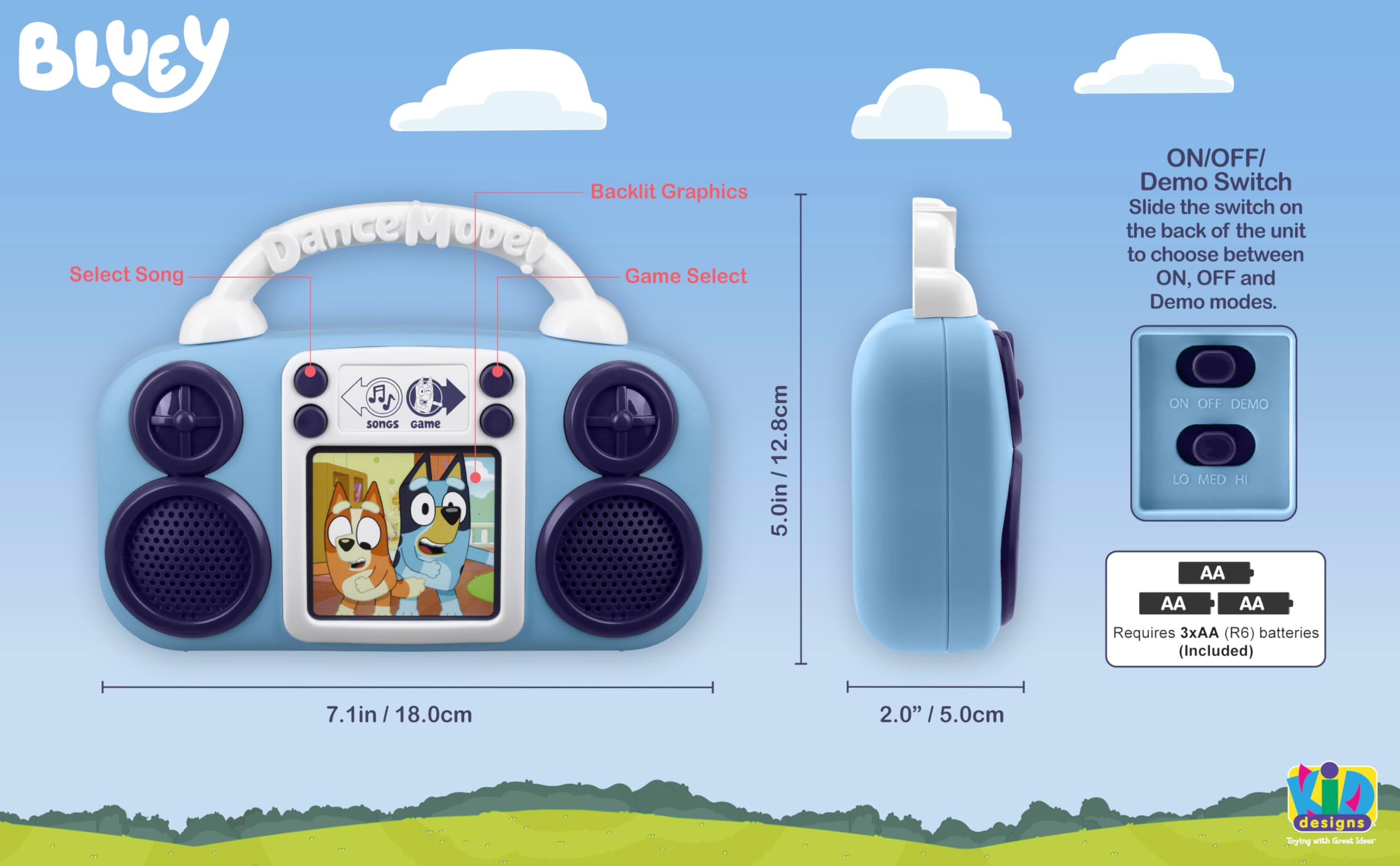 ekids Bluey Toy Music Player in music mode with four built-in songs for sing-alongs