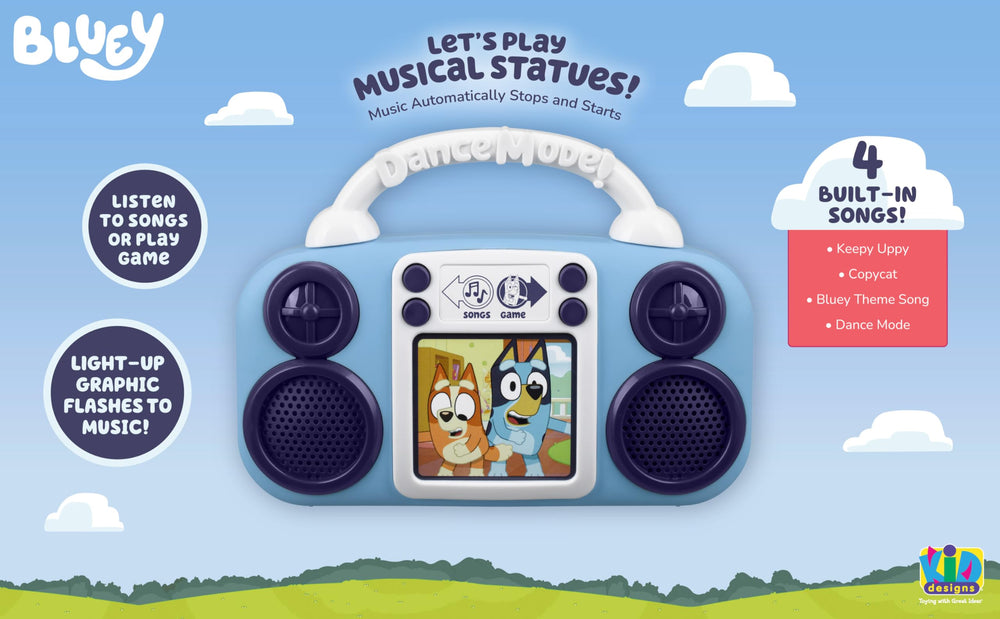 ekids Bluey Toy Music Player side view showing compact form for small hands