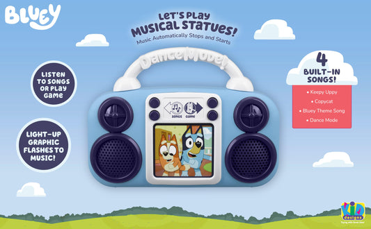 ekids Bluey Toy Music Player side view showing compact form for small hands