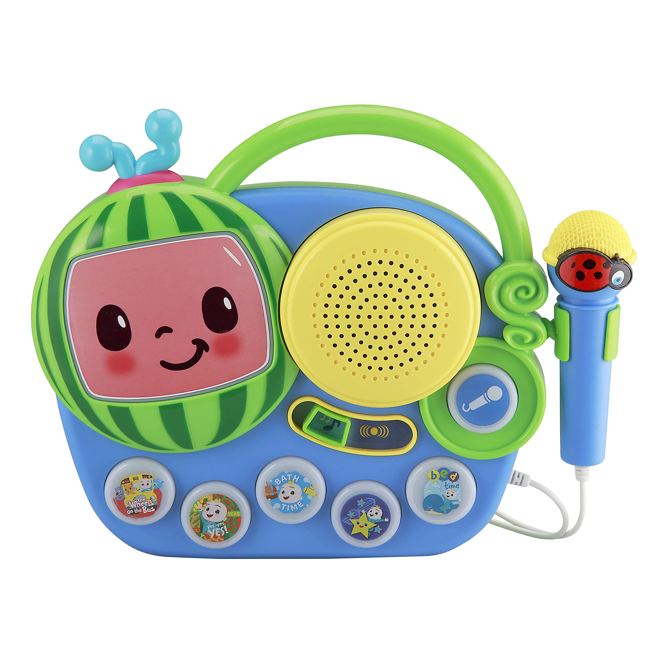 ekids Cocomelon singalong boombox front view boosts independent play and singing.
