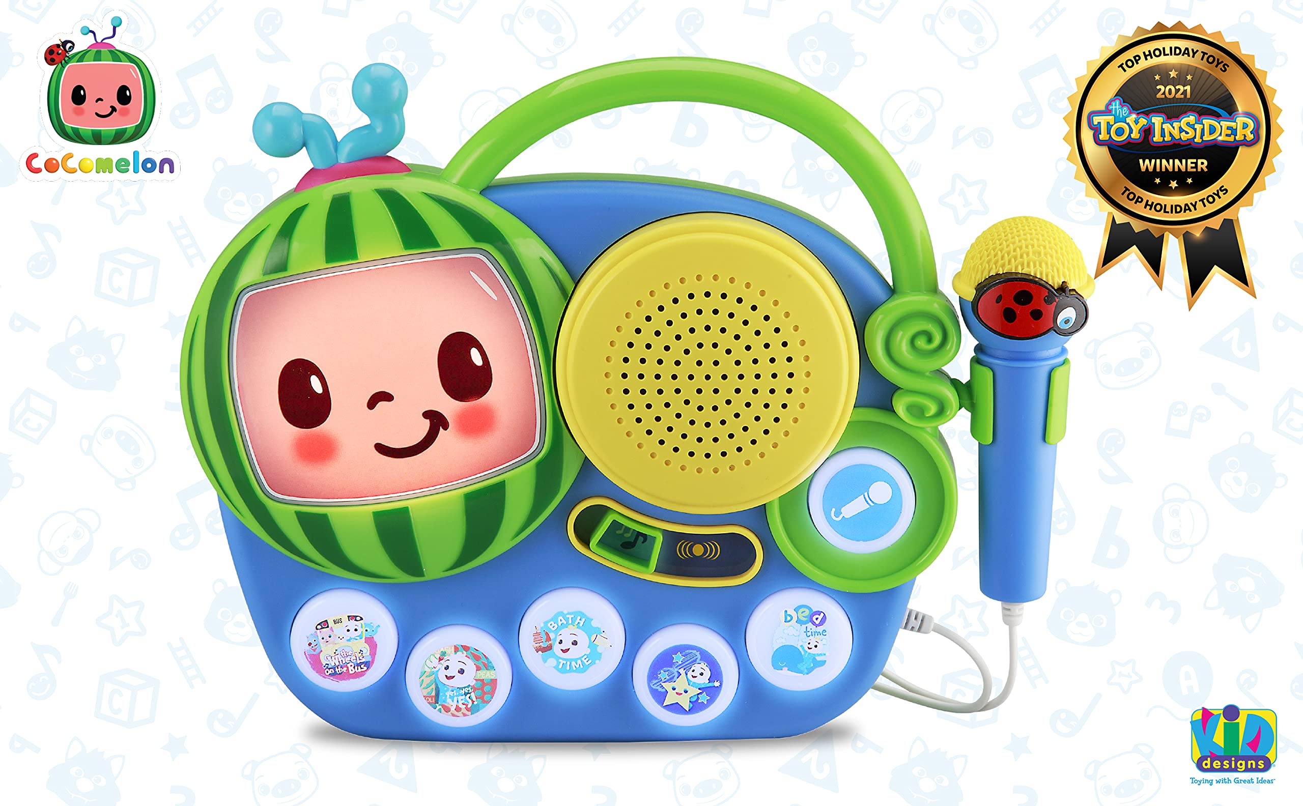 ekids Cocomelon singalong boombox with microphone enhances kid-friendly performances.