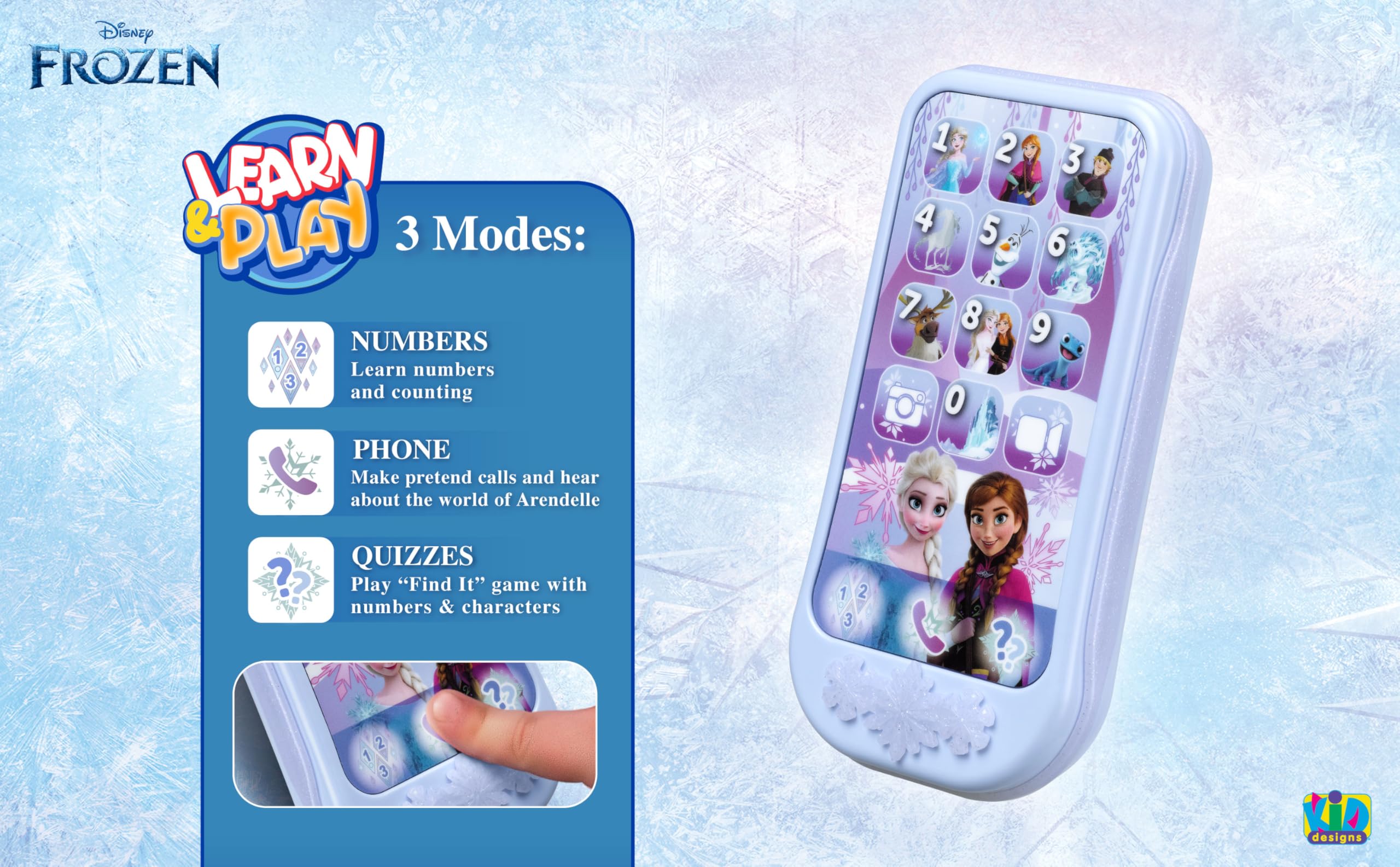 eKids Disney Frozen toy phone graphics featuring beloved characters for screen-free fun.