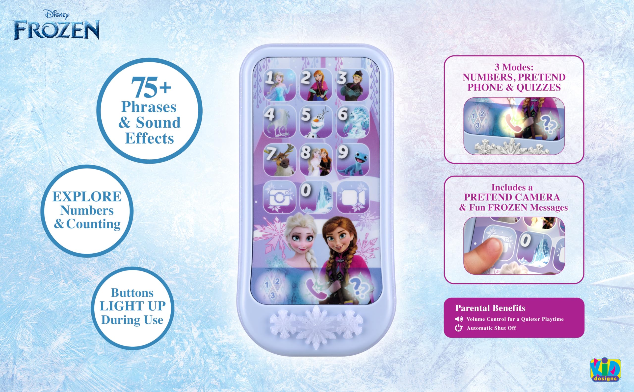 eKids Disney Frozen toy phone side view highlighting portable design for travel.