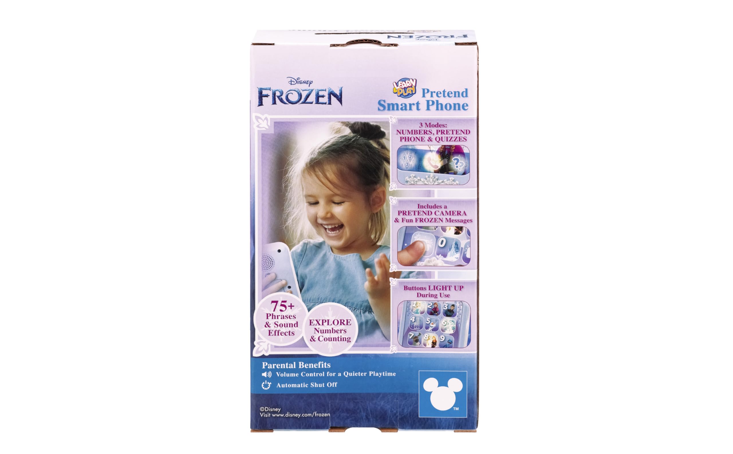 eKids Disney Frozen toy phone packaging box showing included features.