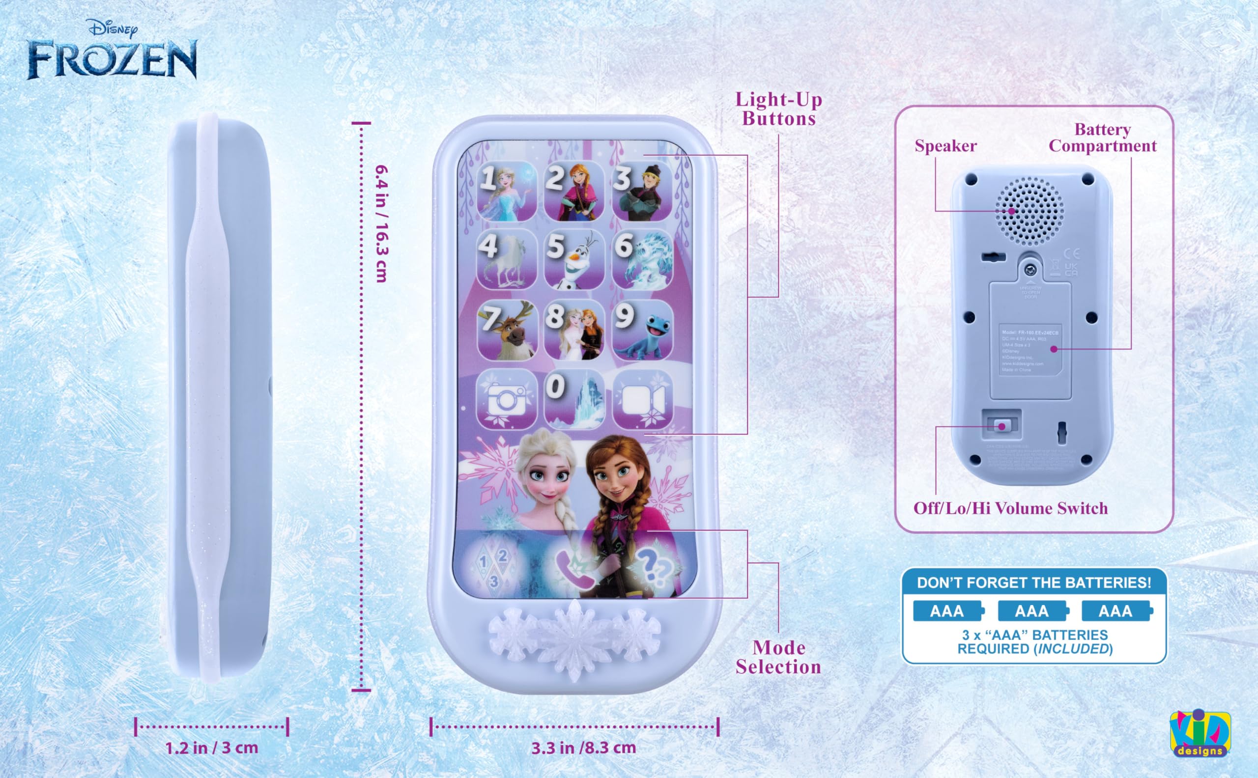 eKids Disney Frozen toy phone in use while toddlers interact with games.