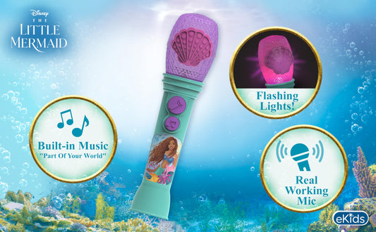 eKids Disney Little Mermaid Microphone play button close-up for easy sing-alongs