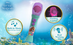 eKids Disney Little Mermaid Microphone play button close-up for easy sing-alongs