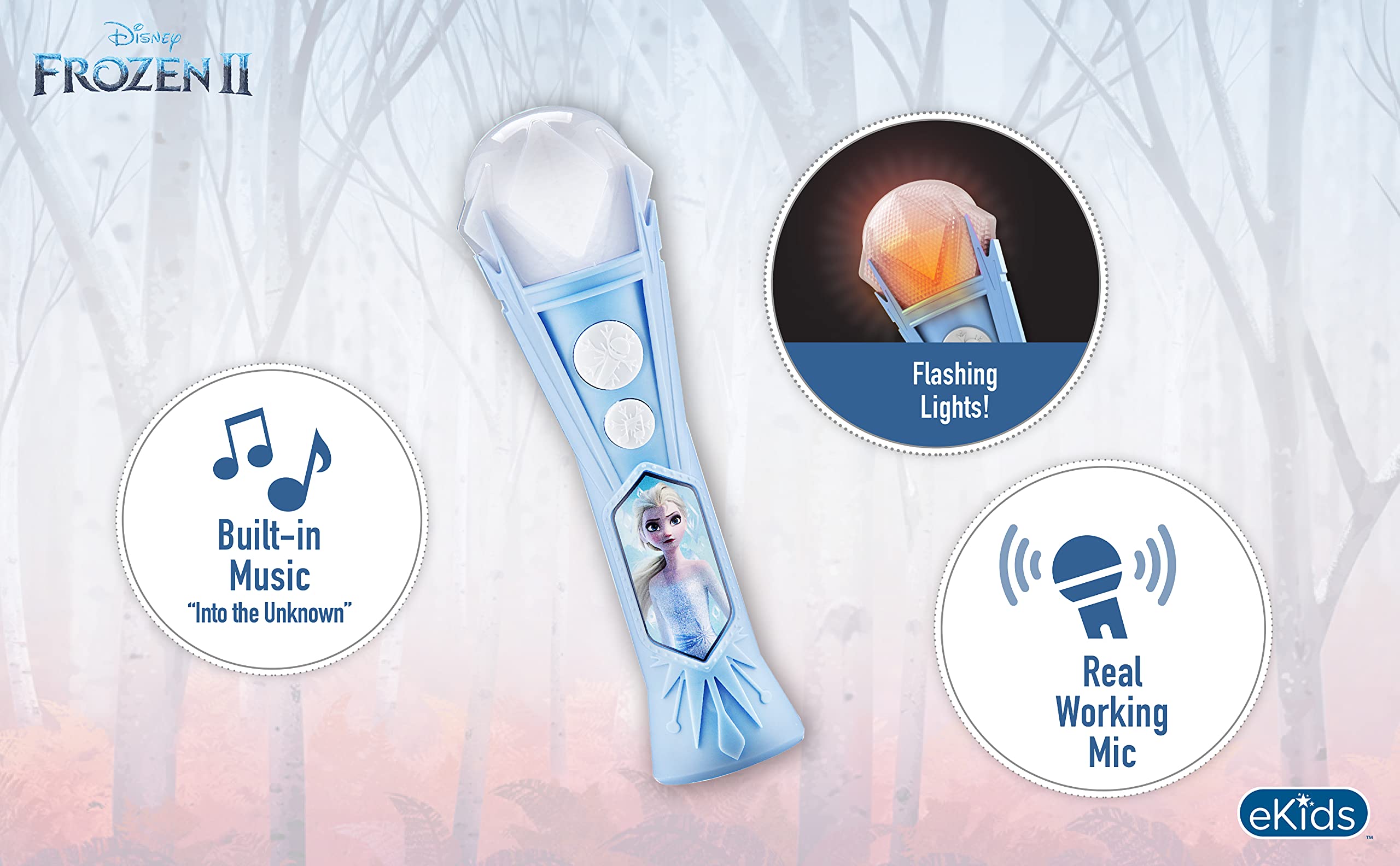 ekids Frozen Sing Along Microphone with flashing lights creates a dazzling on-stage moment.
