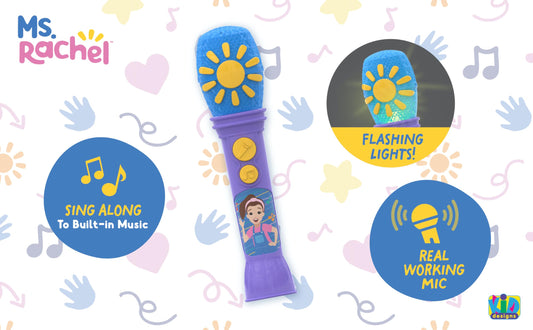 ekids Ms Rachel microphone purple side view for on-the-go play