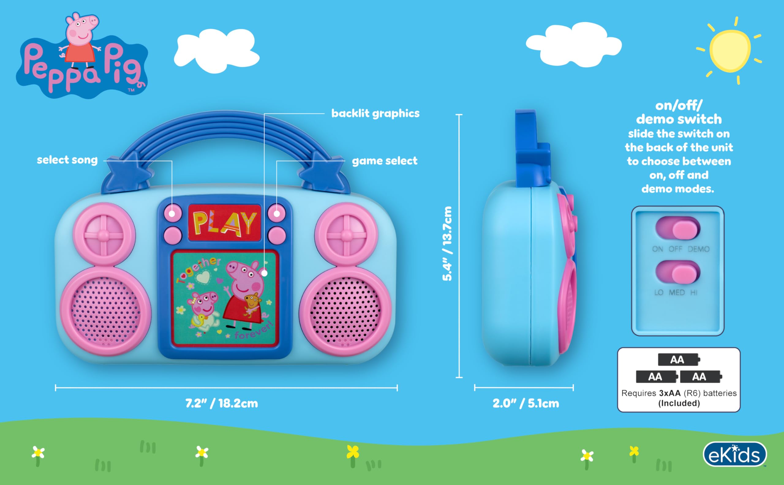 ekids Peppa Pig toy music player side view shows compact kid-friendly design