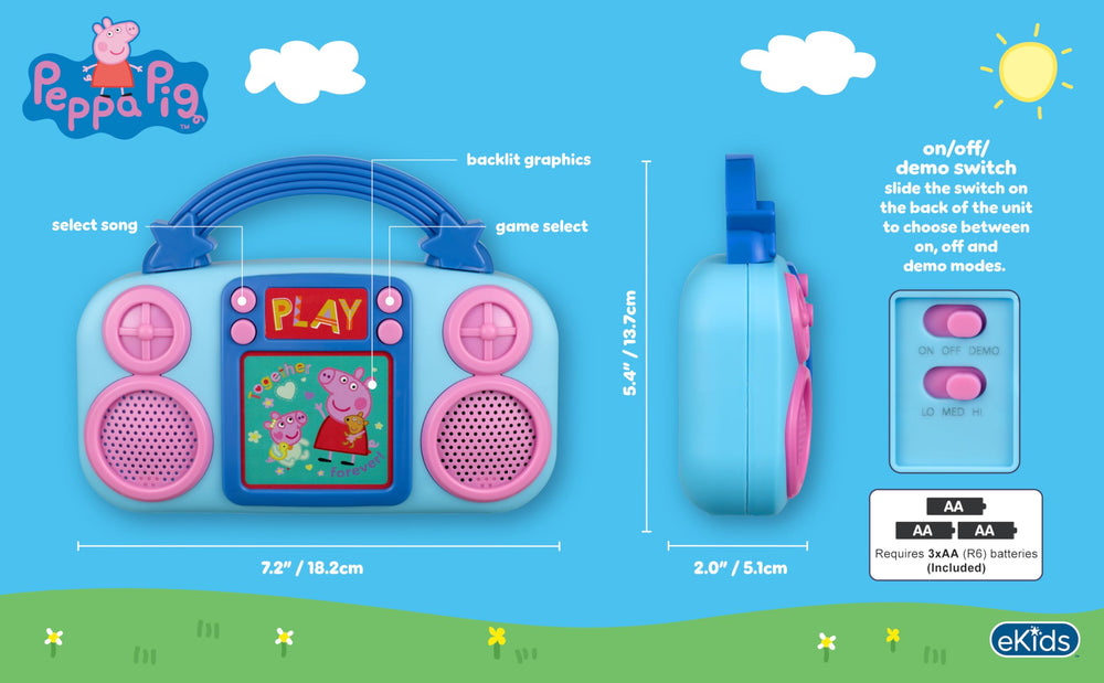 ekids Peppa Pig toy music player side view shows compact kid-friendly design