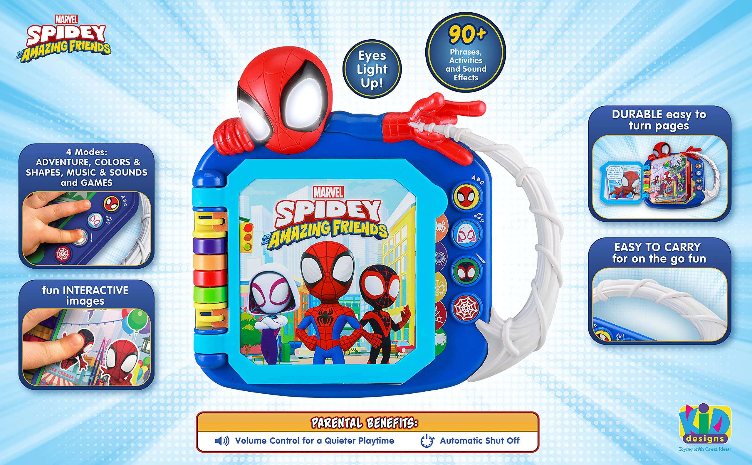 eKids Spidey learning games mode session supports varied skill practice and pretend play.