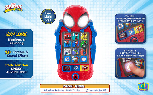 ekids Spidey Phone Travel-Ready image demonstrates compact design for car rides and flights
